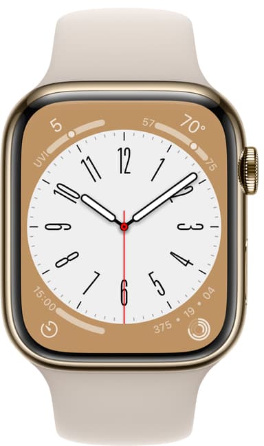 Apple Watch Series 8 45mm Cellular (rustfritt stål i gull / stjerneskinn sportsreim)