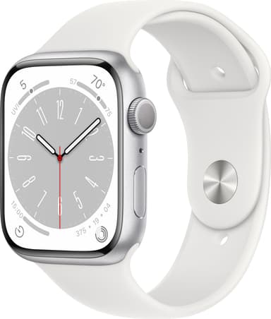 Apple Watch Series 8 45mm GPS (sølv alu / hvit sportsreim)