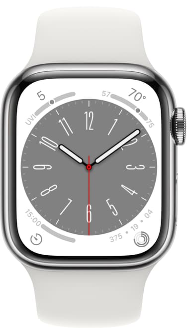 Apple Watch Series 8 41mm Cellular (rustfritt stål i sølv / hvit sportsreim)