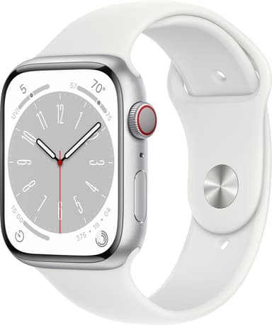 Apple Watch Series 8 45mm Cellular (sølv alu / hvit sportsreim)