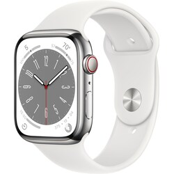 Apple Watch Series 8 45mm Cellular (rustfritt stål i sølv / hvit sportsreim)