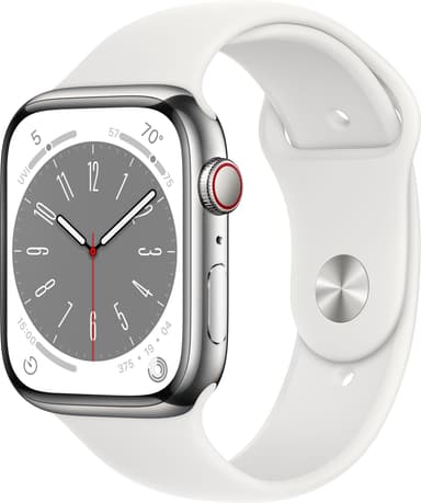 Apple Watch Series 8 45mm Cellular (rustfritt stål i sølv / hvit sportsreim)