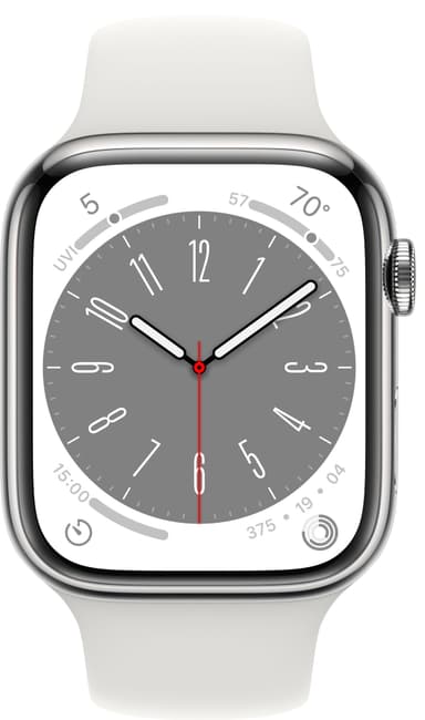 Apple Watch Series 8 45mm Cellular (rustfritt stål i sølv / hvit sportsreim)
