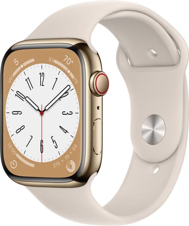 Apple Watch Series 8 45mm Cellular (rustfritt stål i gull / stjerneskinn sportsreim)