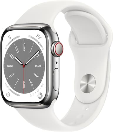 Apple Watch Series 8 41mm Cellular (rustfritt stål i sølv / hvit sportsreim)