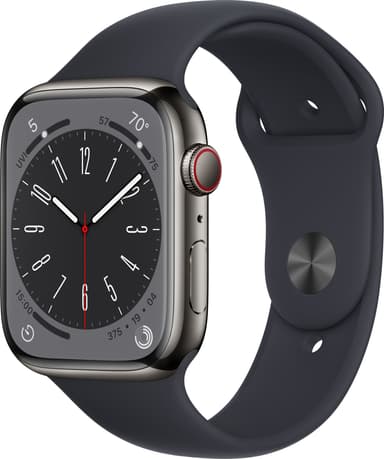Apple Watch Series 8 45mm Cellular (rustfritt stål i grafitt/ midnatt sportsreim)