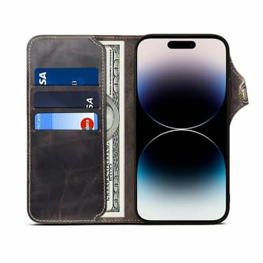 Mobil lommebok 3-korts ekte lær Apple iPhone 14 Pro - Sort