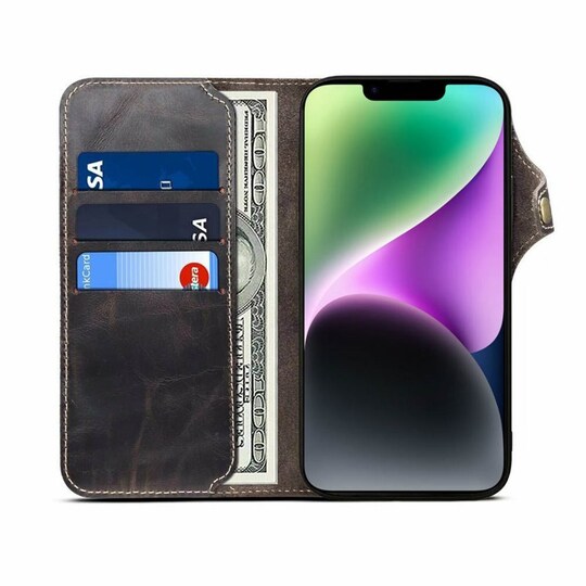 Mobil lommebok 3-korts ekte lær Apple iPhone 14 Plus - Sort