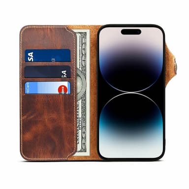 Mobil lommebok 3-korts ekte lær Apple iPhone 14 Pro - Brun