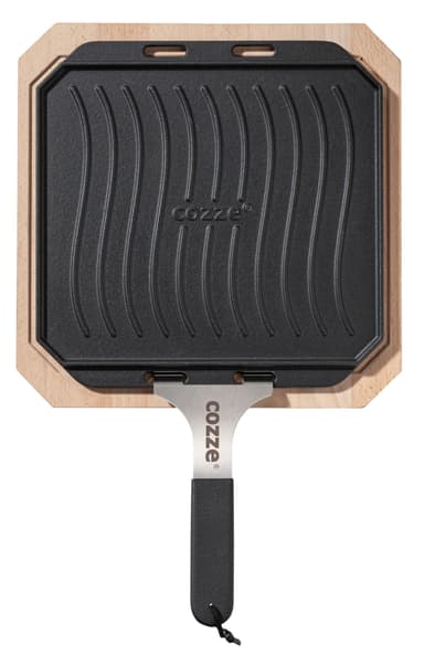 Cozze® vendbar støpejernspanne med bordskåner 330 x 330 mm.