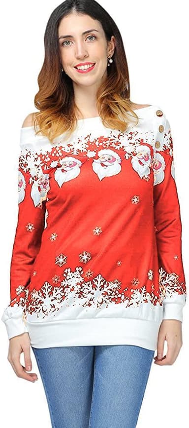 Off-shoulder tykk genser med julemønster - Størrelse M, Rød