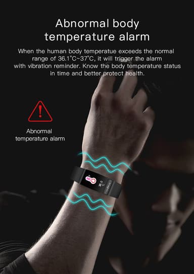 Fitness aktivitetsmåler med EKG-overvåking, puls, søvnmonitor Sort