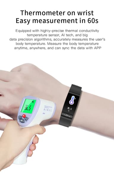 Fitness aktivitetsmåler med EKG-overvåking, puls, søvnmonitor Sort