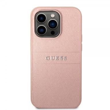 Guess iPhone 14 Pro Max Deksel Saffiano Metal Logo Stripes Rosa