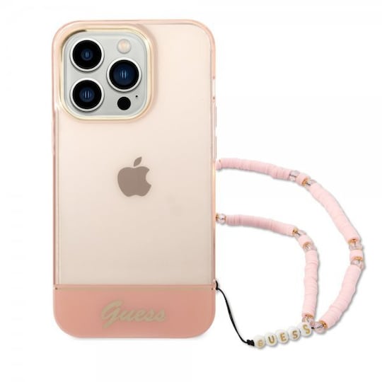 Guess iPhone 14 Pro Max Deksel Translucent with Strap Rosa