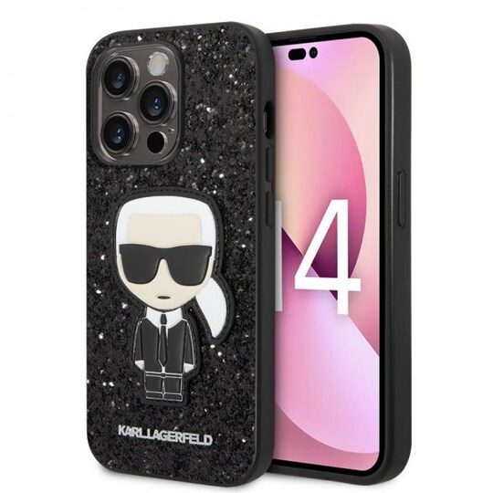 Karl Lagerfeld iPhone 14 Pro Max Deksel Glitter Flakes Ikonik Patch Svart