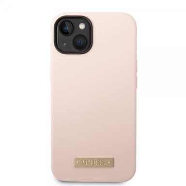 Guess iPhone 14 Deksel Silicone Metal Plate MagSafe Rosa