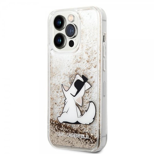 Karl Lagerfeld iPhone 14 Pro Deksel Liquid Glitter Choupette Gull
