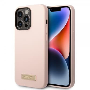 Guess iPhone 14 Pro Deksel Silicone Metal Plate MagSafe Rosa