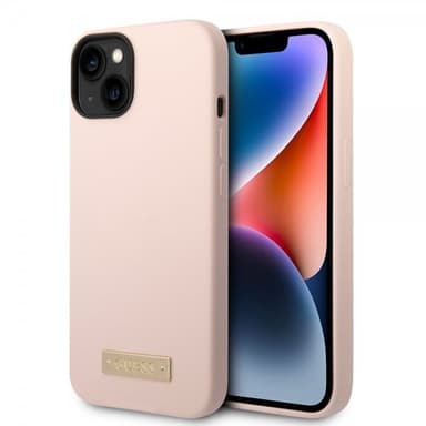 Guess iPhone 14 Plus Deksel Silicone Metal Plate MagSafe Rosa