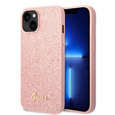 Guess iPhone 14 Plus Deksel Glitter Flakes Metal Logo Rosa