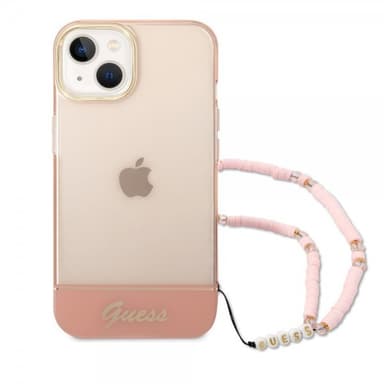 Guess iPhone 14 Plus Deksel Translucent with Strap Rosa