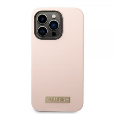 Guess iPhone 14 Pro Deksel Silicone Metal Plate MagSafe Rosa