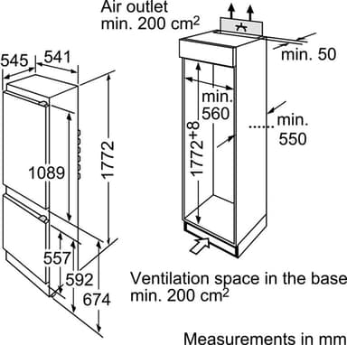 Bosch kjøleskap med fryser KIV38V20FF integrert