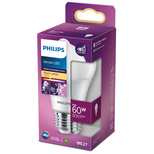 Philips LED E27 Normal 60W Bevegelsessensor 806lm