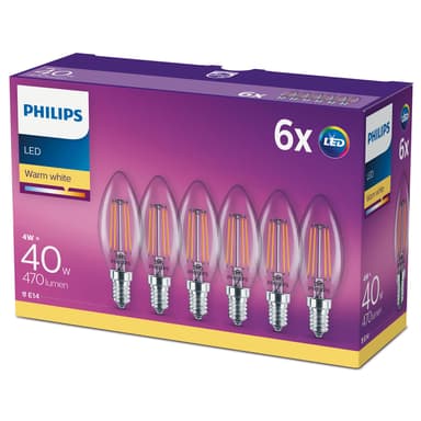 Philips 6-pakning LED E14 Crown 4W (40W) Klar 470lm