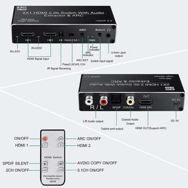NÖRDIC HDMI Switch 2 til 1 med Audio Extractor og ARC 4K 60Hz SPDIF Coaxial RCA L / R og Stereo