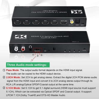 NÖRDIC HDMI Switch 4 til 2 med lydkontaktor og bue, 4kx2k i 60Hz, HDCP 2.2, 5.1 Surround, metall
