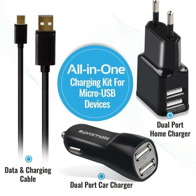 Promate Chargmate Charger Kit 2Port 2.1a USB Wall Charger 2Port 3.1a USB bil lader og USB-kabel 1.2m svart