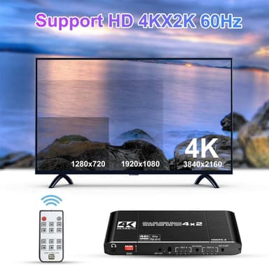 NÖRDIC HDMI Matrix Switch 4 til 2 med lydkontaktor og bue, 4kx2k i 60Hz, YUV 4: 4: 4 18Gbps HDCP 2.2, 5.1 Surround, metall