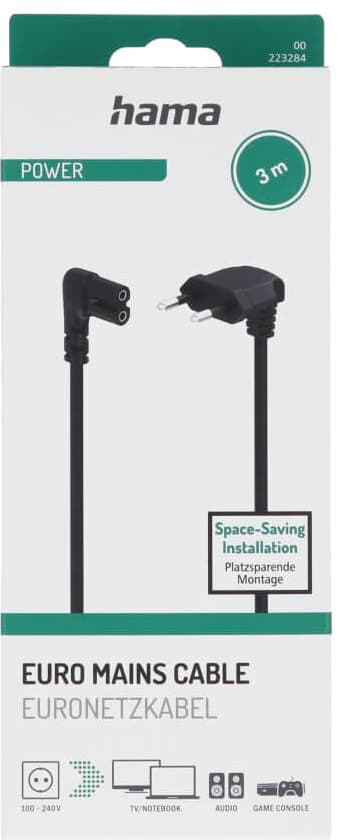 Hama Angled Euro Plug kabel 3 m (sort)