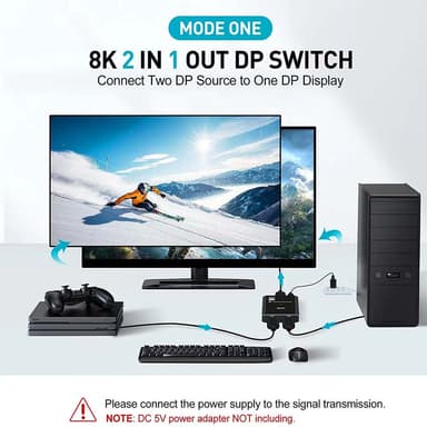 NÖRDIC 8K30Hz Displayport-svitsj 2 til 1 og splitter 1 til 2, 4K120hz