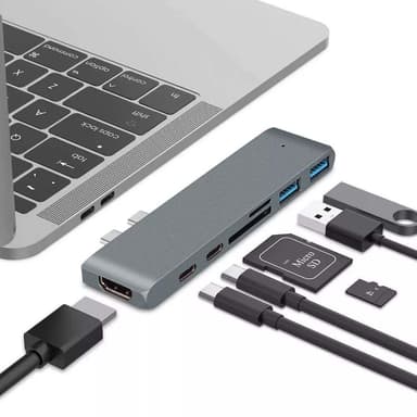 NÖRDIC 2 til 7 USB-C dokkingstasjon for dobbel skjerm for MacBook Pro og Air 1xHDMI 4K30Hz 1xThunderbolt 3xUSB-C 5K60Hz 40G 1xUSB-C 100W PD