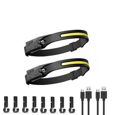 Oppladbar hodelykt med COB LED 2-pak Sort
