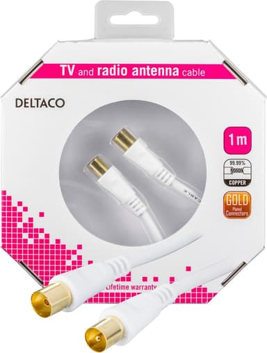 DELTACO antennekabel, 75 Ohm, ferrittkjerner, gullbelagt, 1m, hvit