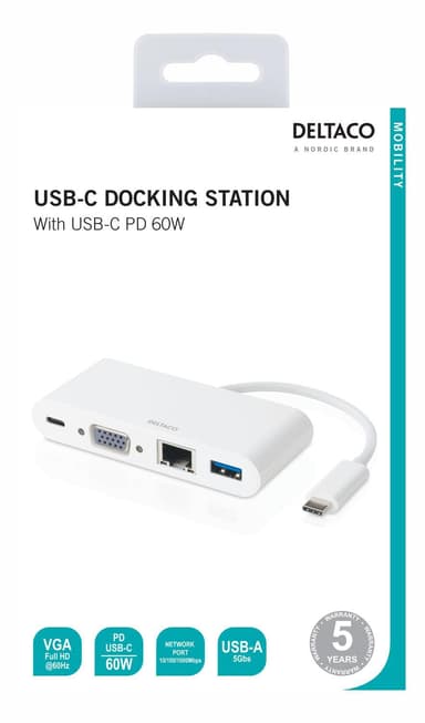 USBC docking station VGA/USBC/RJ45/USBA 60W USBC PD white