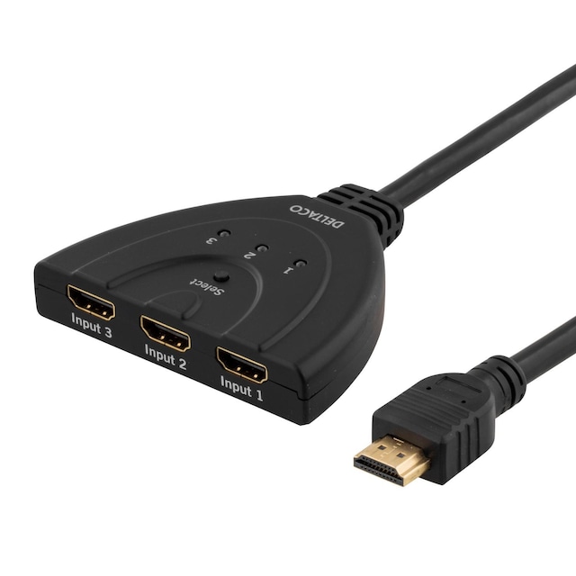 deltaco 3 Port HDMI Pigtail Switch,  0.5m, gold-plated connectors