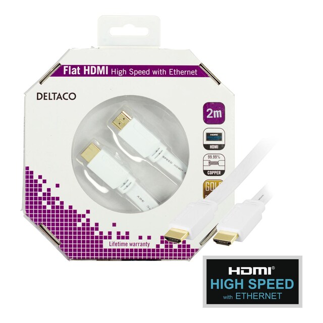 DELTACO HDMI-kabel, v1.4+Ethernet, 19-pin ha-ha, 1080p, flat, hvit, 2m