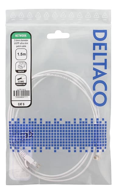 deltaco U/UTP Cat6 patch cable slim, 2.6 mm⌀, 1.5m, 500MHz, white