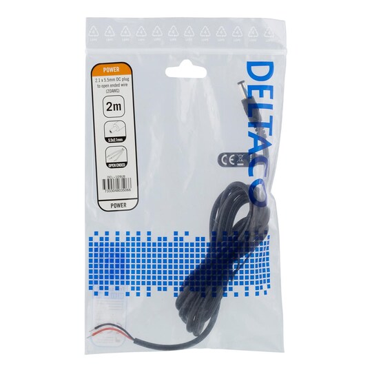 DELTACO 5.5x2.1mm DC to open ended wire, 2m, 20AWG, black