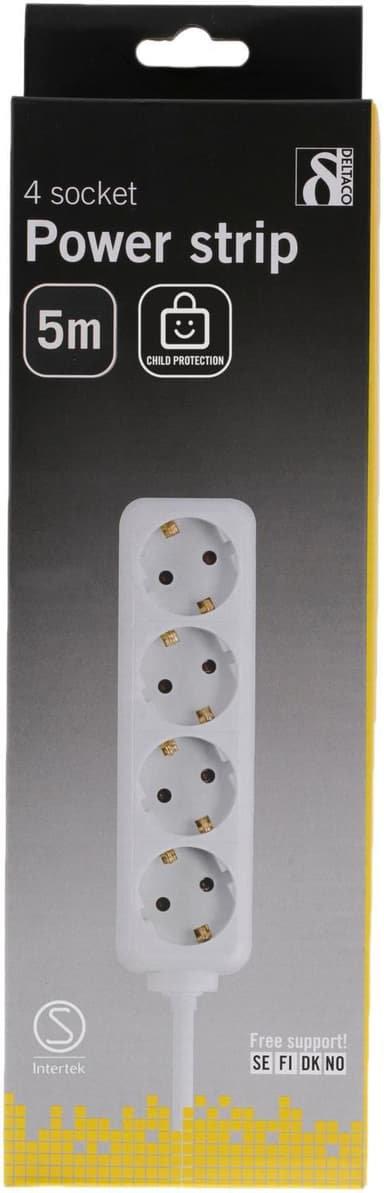 DELTACO grenuttak 4x CEE 7/4 1x CEE 7/7, 5m kabel, hvit