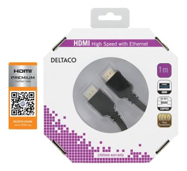 DELTACO HDMI-kabel, Premium High Speed HDMI with Ethernet, 4K, U