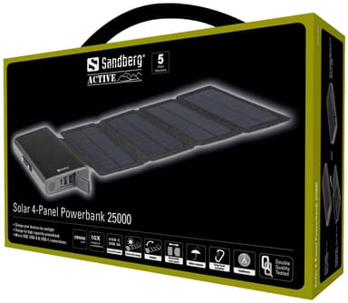 25.000 mAh Solar 4-panel Powerbank, svart