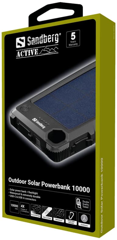 10.000 mAh Utendørs Solar PowerBank, Svart