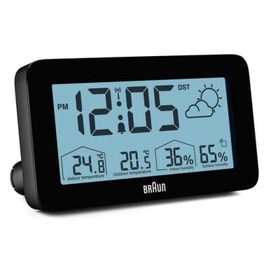 Braun radiostyrt vekkerklokke m/værvarsel og ute/inne temperatur sort BC13BP-DCF