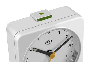 Braun firkantet vekkerklokke stillegående hvit BC03W